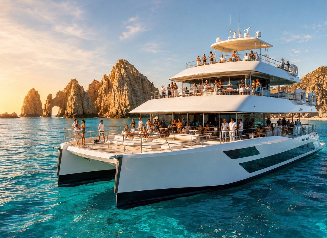 TwentyFive 100 - ft Catamarán por Cabo Adventures : Snorkel o Puesta del Sol